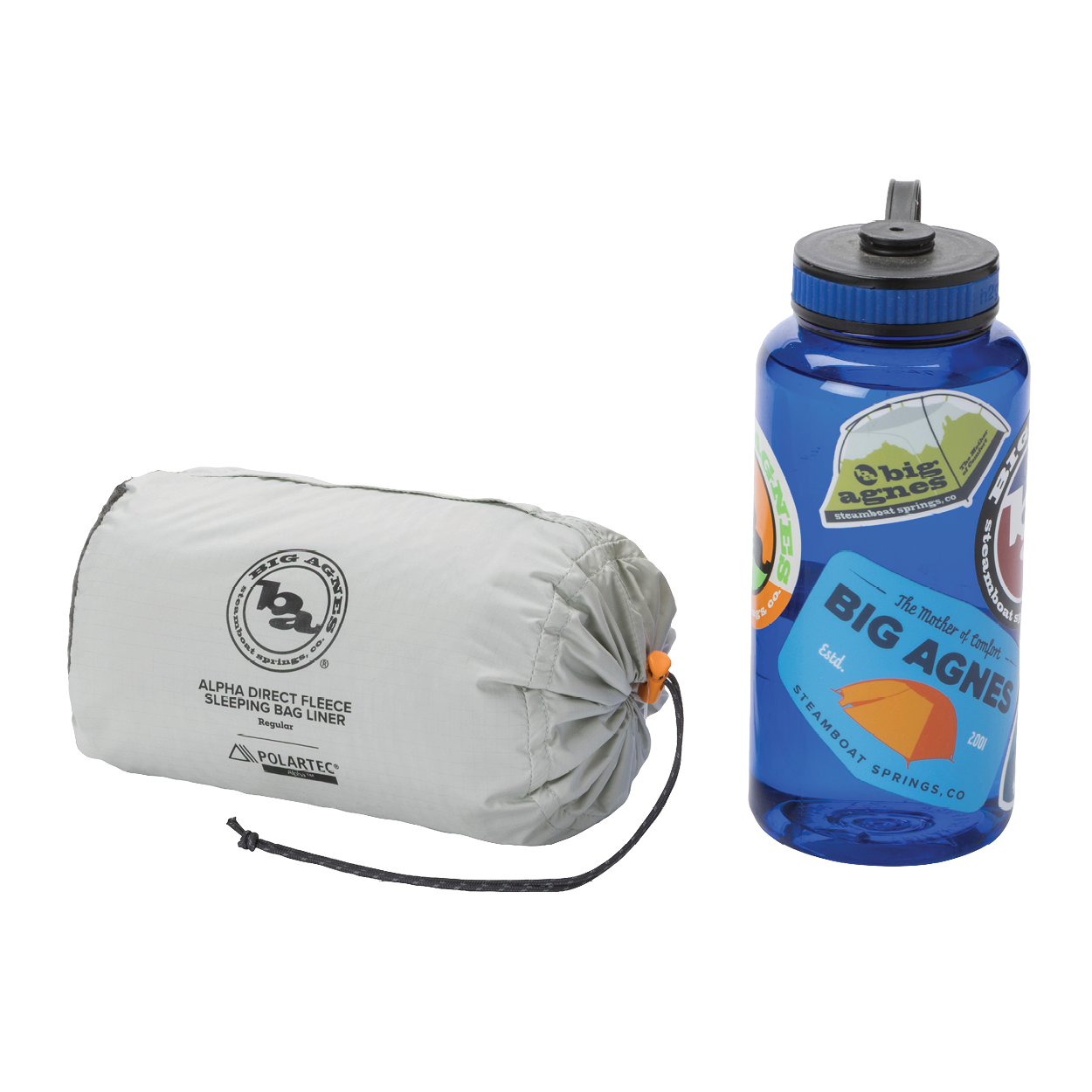 Sleeping bag liner and water bottle with Big Agnes Returns branding on a white background