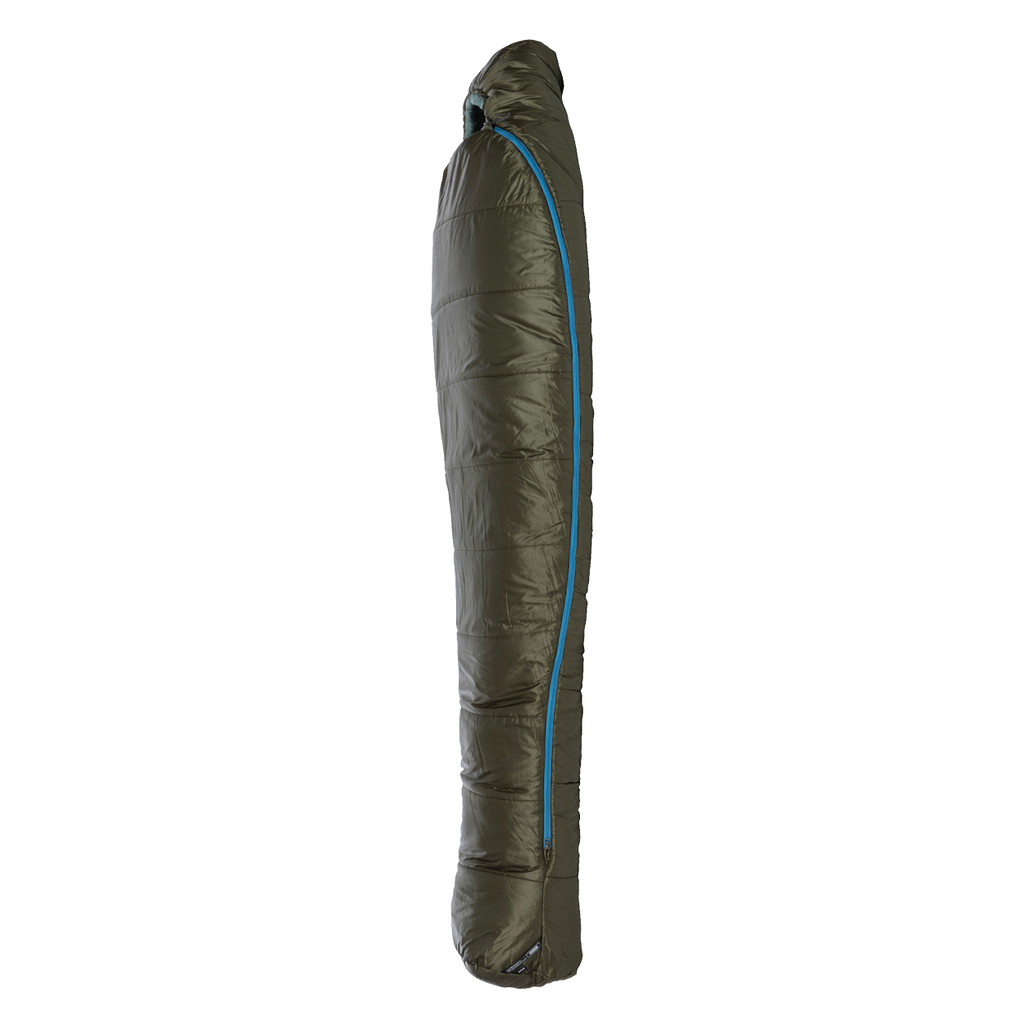 The Big Agnes Returns Anthracite 20°, a dark green mummy-style sleeping bag with recycled synthetic insulation and a blue zipper, stands upright on a plain white background.