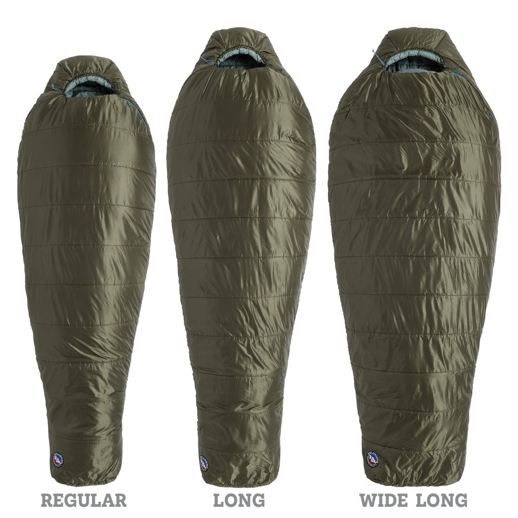 Three olive green Big Agnes Returns Anthracite 20° mummy-style sleeping bags—Regular, Long, and Wide Long—are displayed side by side on a white background, showing their length and width differences; each uses recycled synthetic insulation for lightweight backpacking.