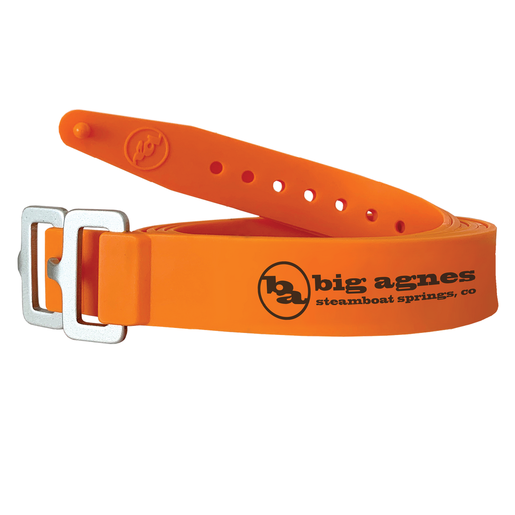 Orange belt with metal buckle and Big Agnes logo on a white background