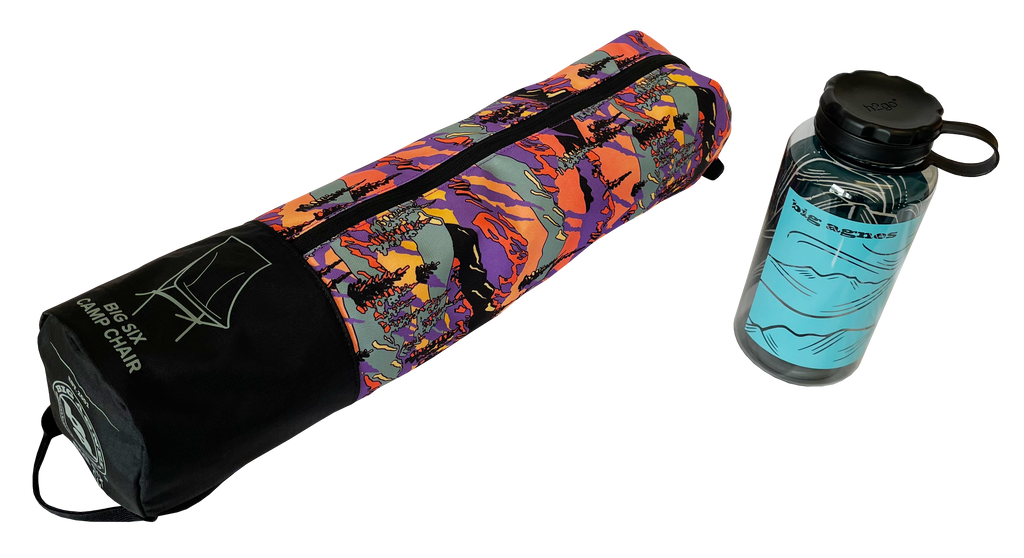 A vibrant zippered bag labeled Big Six Camp Chair - Alpenglow by Big Agnes Returns sits beside a clear water bottle, highlighting this packable chair’s easy portability for any adventure.