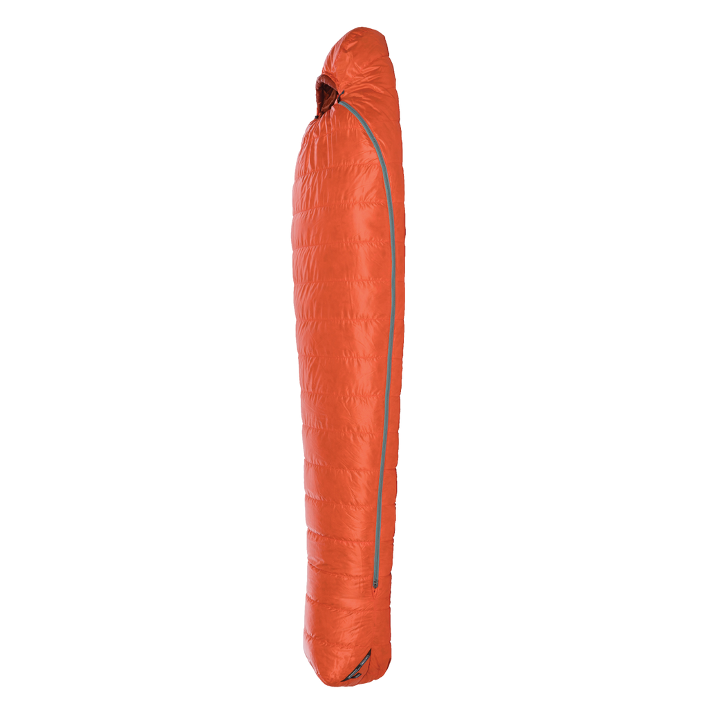 The Big Agnes Greystone 20° is a red, mummy-style sleeping bag with DownTek insulation, a hooded top, and a side zipper—ideal for backpacking adventures.