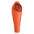 The Big Agnes Greystone 20° is an orange, mummy-style sleeping bag with a hood and DownTek insulation, designed for warm backpacking trips, shown upright against a white background.