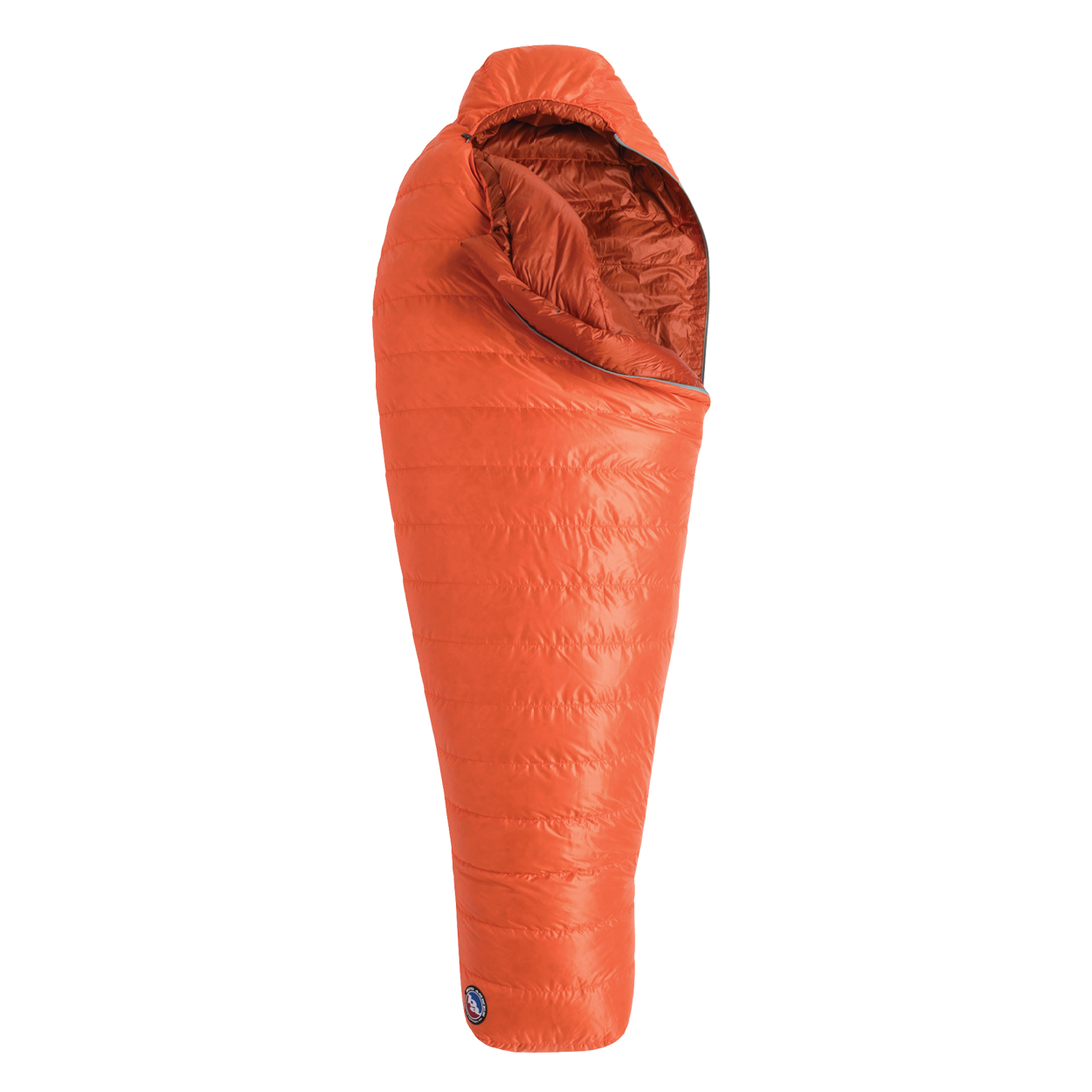 The Big Agnes Greystone 20° is an orange, mummy-style sleeping bag with a hood and DownTek insulation, designed for warm backpacking trips, shown upright against a white background.