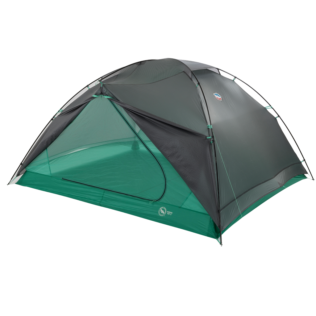 The Big Agnes Sarvis VST 3 is a green and black dome-shaped tent featuring a mesh upper, zippered door, lightweight frame poles, and durable Hyperbead fabric, shown set up against a white background.