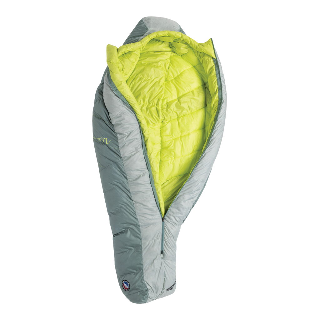 The Big Agnes Sidewinder 0˚ sleeping bag, shown unzipped and open in light gray and lime green, displays its body-mapped insulation and insulated interior against a plain white background.