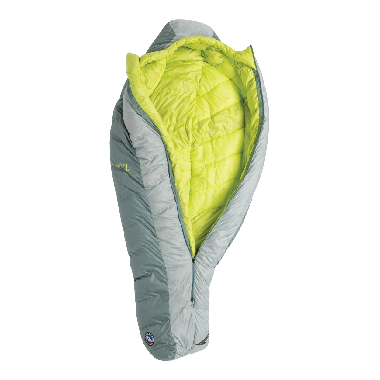 The Big Agnes Sidewinder 0˚ sleeping bag, shown unzipped and open in light gray and lime green, displays its body-mapped insulation and insulated interior against a plain white background.