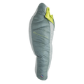The Big Agnes Sidewinder 0˚ is a green and gray mummy-style sleeping bag with a bright green interior, body mapped insulation for targeted warmth, shown zipped up and lying flat on a white background.