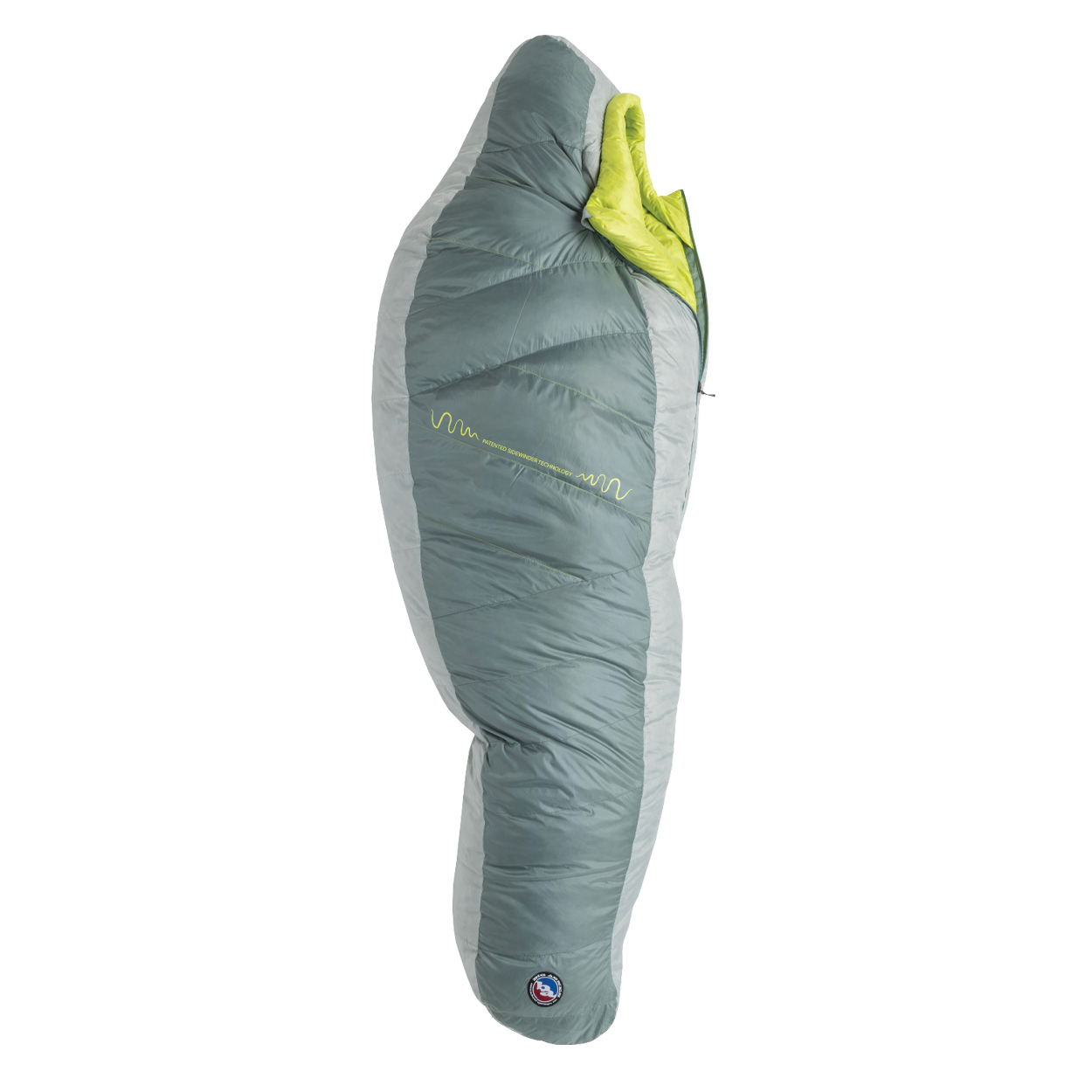 The Big Agnes Sidewinder 0˚ is a green and gray mummy-style sleeping bag with a bright green interior, body mapped insulation for targeted warmth, shown zipped up and lying flat on a white background.
