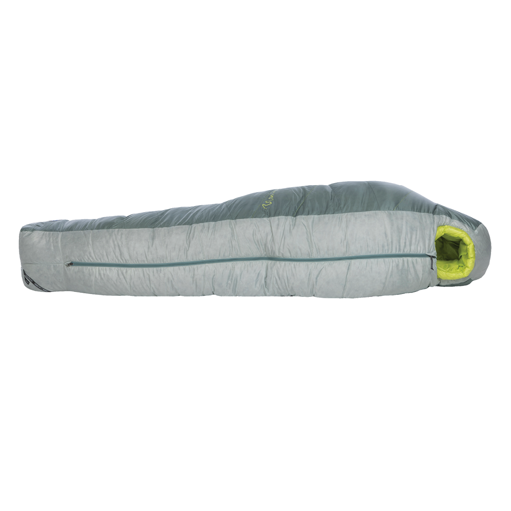The Big Agnes Sidewinder 0˚ is a gray and green mummy-style sleeping bag for side sleepers with body mapped insulation and a side zipper, shown zipped up and lying flat on a white background.