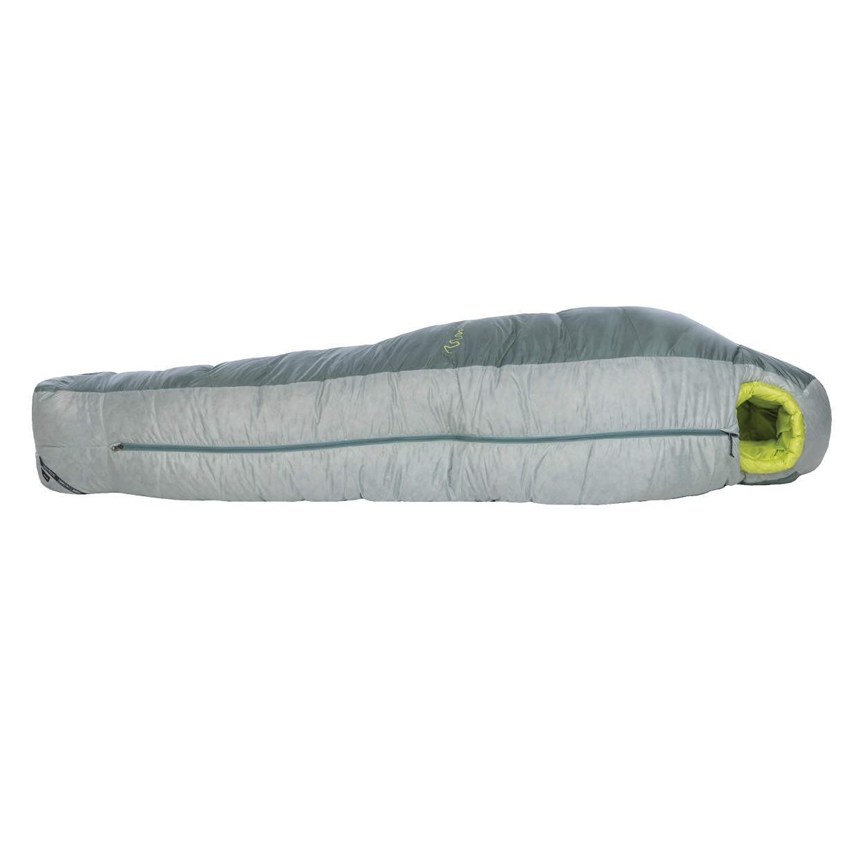 The Big Agnes Sidewinder 0˚ is a gray and green mummy-style sleeping bag for side sleepers with body mapped insulation and a side zipper, shown zipped up and lying flat on a white background.