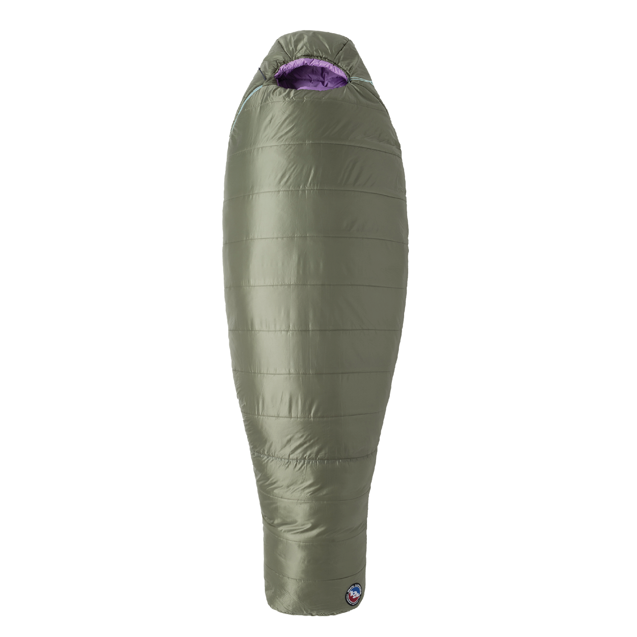 Green sleeping bag with purple interior on a white background