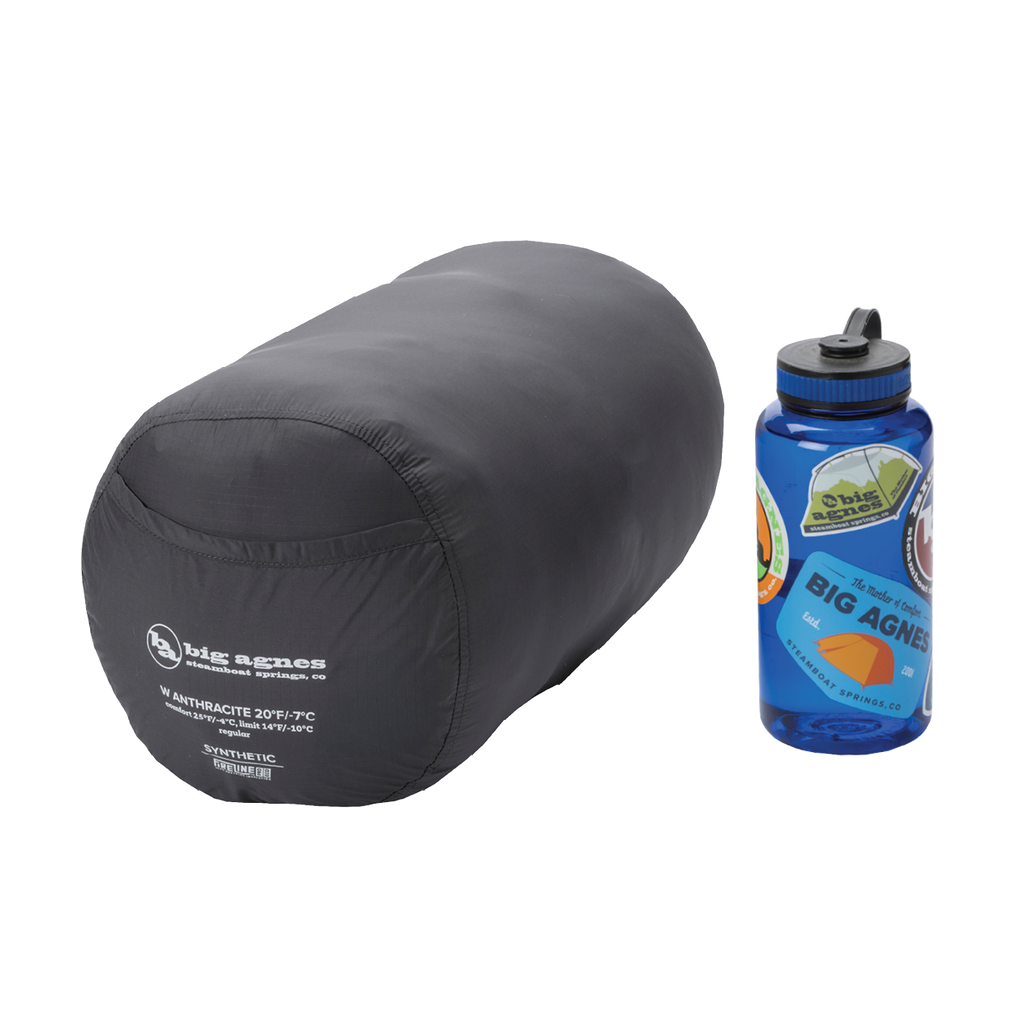 Black sleeping bag and blue water bottle with Big Agnes logo on a white background