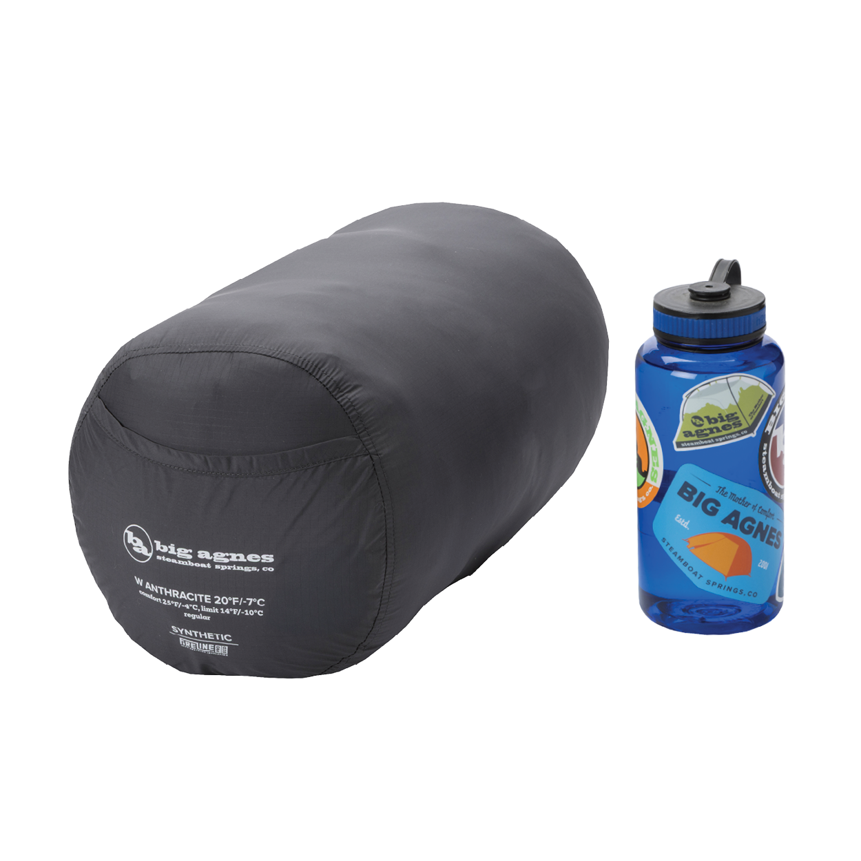Black sleeping bag and blue water bottle with Big Agnes logo on a white background